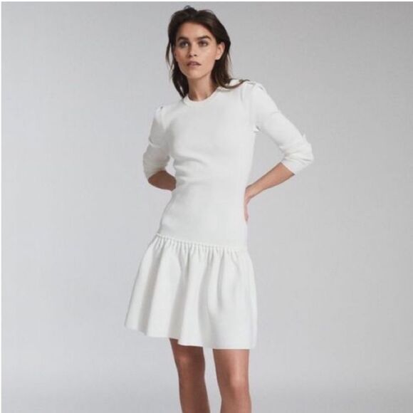 NWT Reiss | Charlotte Knitted Ruffle Hem Mini Dress in White L - Picture 1 of 13